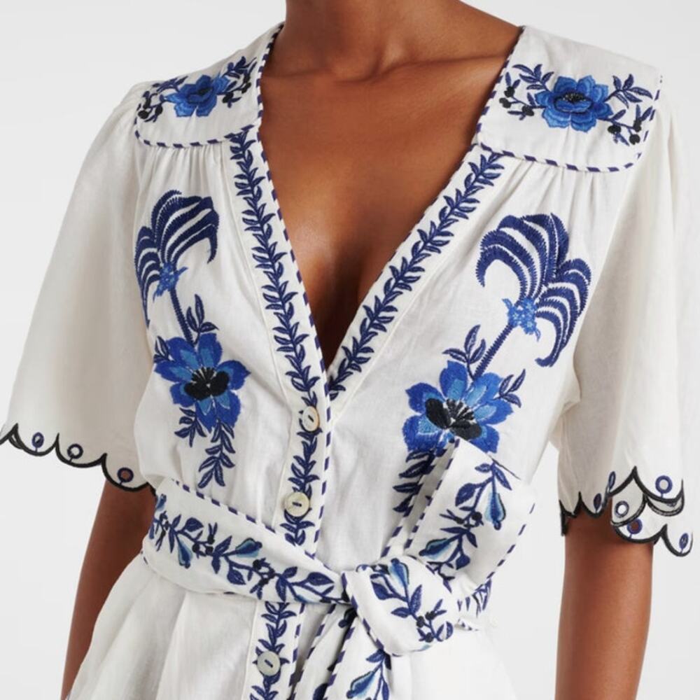 Farm Rio Embroidered Linen Romper Size XS - Picture 2 of 11